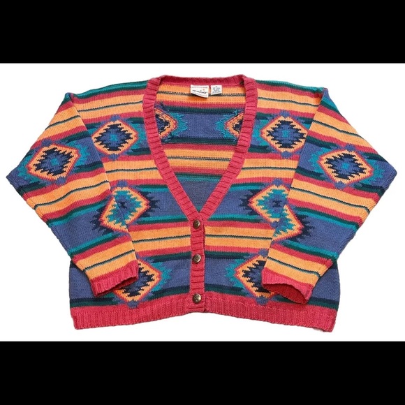 Vintage Nuovo Cardigan Sweater Knit Southwestern Aztec Desert Boho Tribal Wmns M - Picture 1 of 7